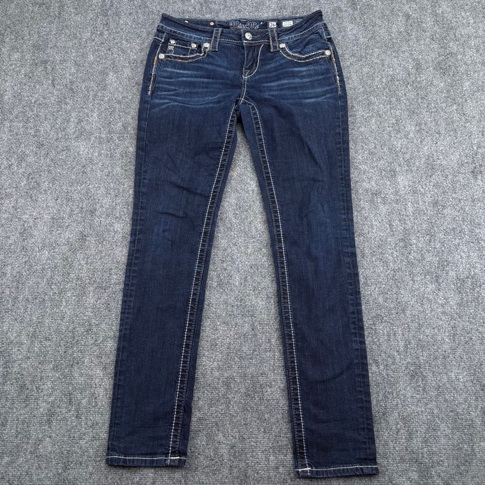 Miss Me Jeans Womens 26 (Fits 31x30) Mid Rise Easy Skinny Embellished Dark Wash‎